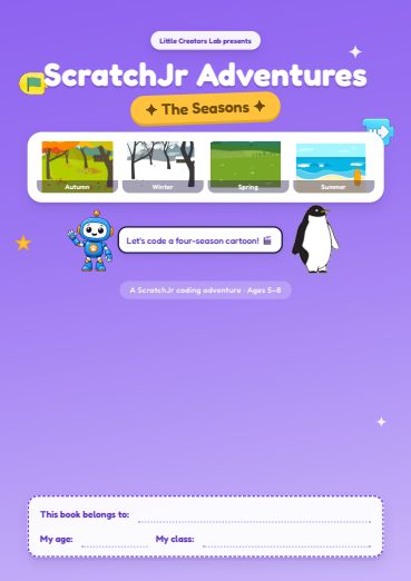 Workbook cover: ScratchJr Adventures, The Seasons