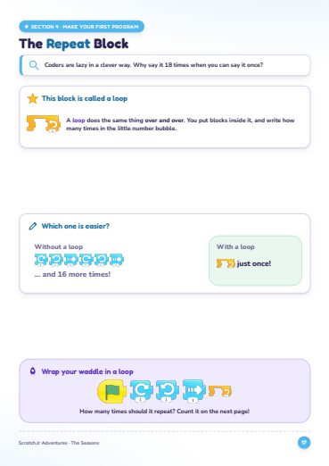 Workbook page teaching the repeat block, a loop in ScratchJr