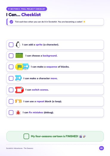 Workbook I-can checklist covering sprites, backgrounds, sequences and loops